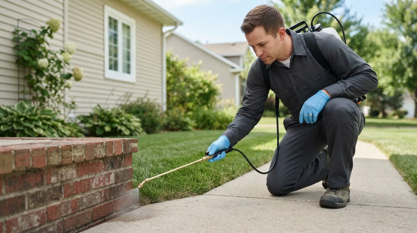 Pest control technician treating a home near Keensburg, IL