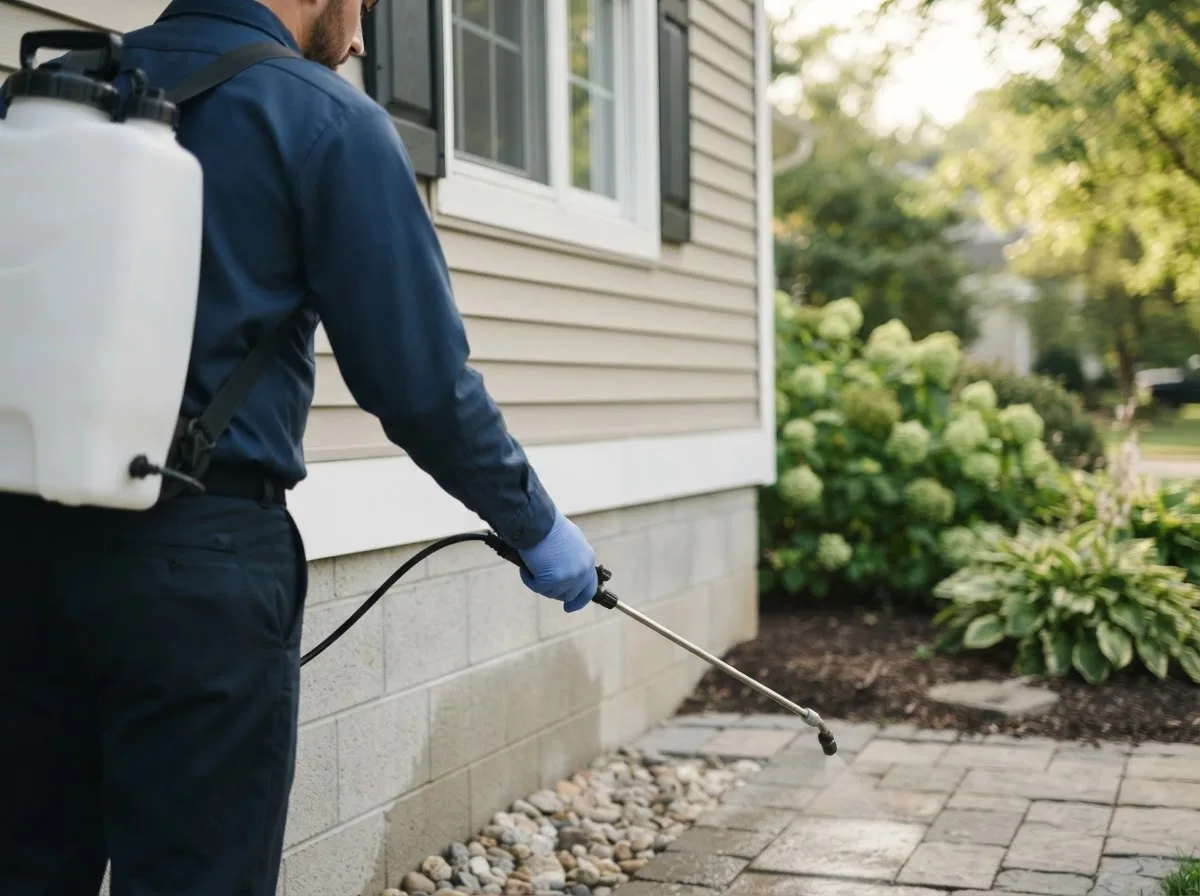 Pest control technician inspecting a home in Keensburg, IL